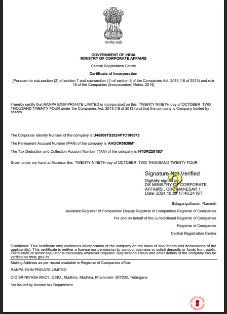 Incorporation Certificate